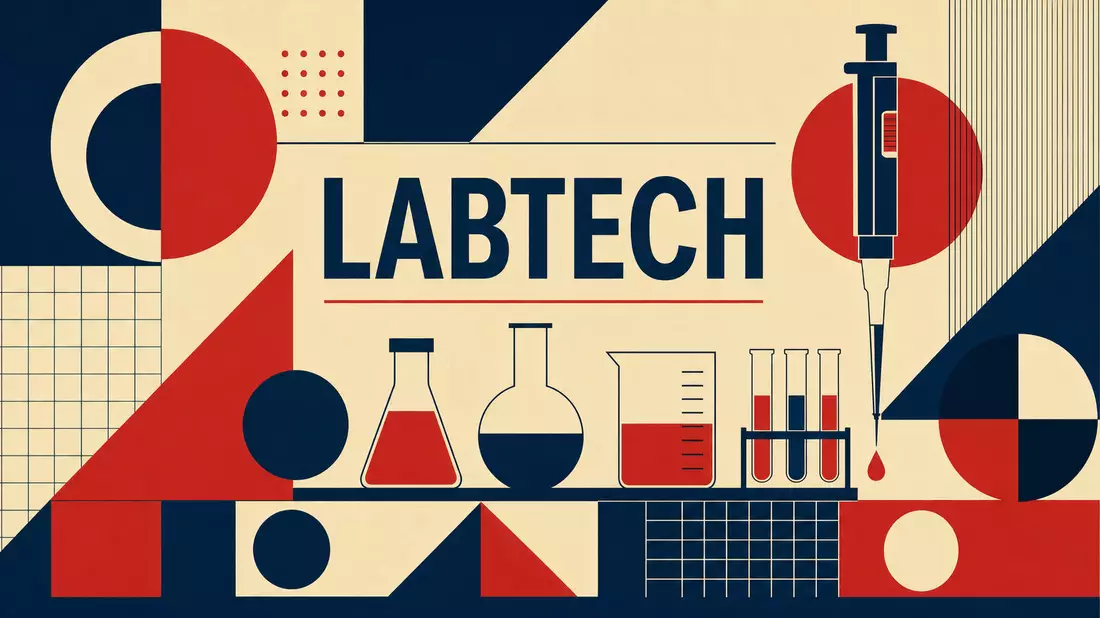 Bauhaus-Poster mit geometrischen Formen und stilisierten Laborgeräten in Rot Blau Beige