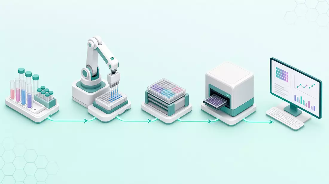 Isometrische 3D-Illustration eines Laborautomationsworkflows von Probe bis Datenanalyse