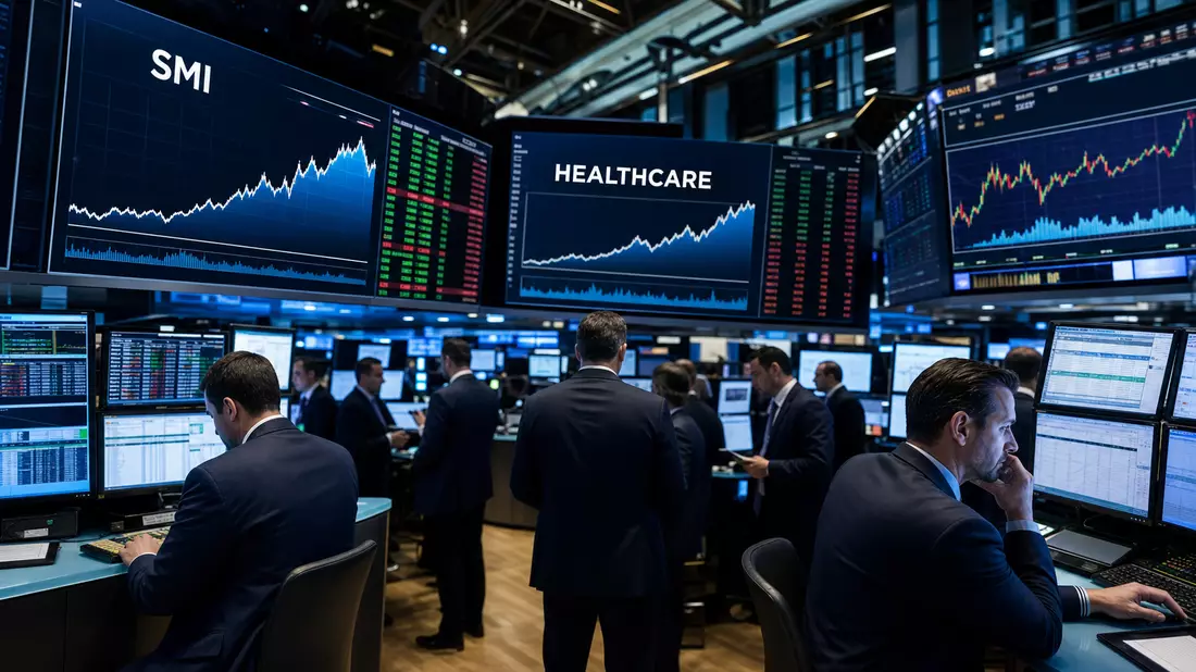 Börsen-Trading-Floor mit Charts und Gesundheitssektor-Anzeigen sowie Index-Kürzel SMI