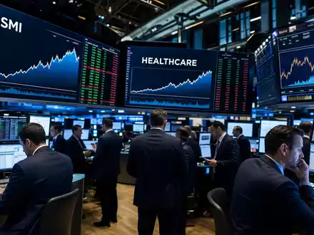 Tecan Group AG (CH0012100191) notiert am SMI: Börsen-Editorial zeigt Trading-Floor mit Gesundheitssektor-Charts und Kursverläufen - Foto: THN