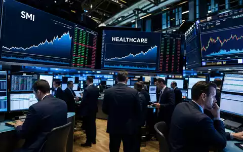 Tecan Group AG (CH0012100191) notiert am SMI: Börsen-Editorial zeigt Trading-Floor mit Gesundheitssektor-Charts und Kursverläufen - Foto: THN