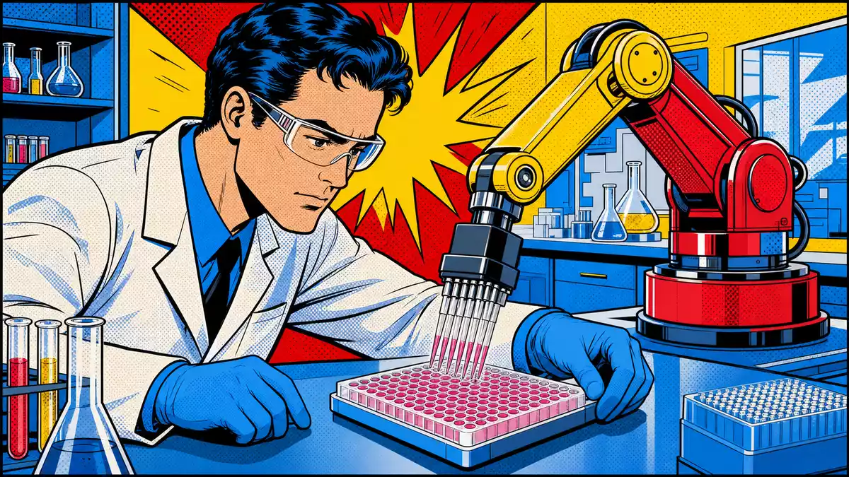 Pop-Art-Comic-Illustration eines Wissenschaftlers mit Laborroboter beim Pipettieren in kräftigen Farben