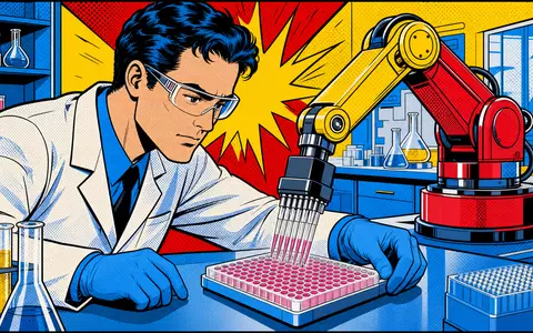 Tecan Group AG (CH0012100191) als Pop-Art-Comic: farbige Szene zeigt Wissenschaftler mit Laborroboter beim Pipettieren dynamisch - Foto: THN