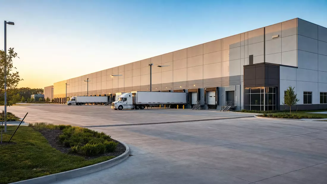 Moderne Logistikhalle mit Lkw an Laderampen im Abendlicht