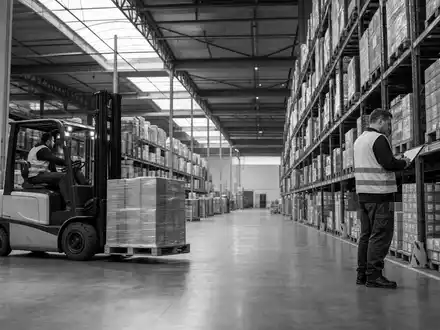 Prologis Inc. Aktie mit ISIN US74340W1036 illustriert durch dokumentarische Schwarzweiß-Reportage aus einem Lagerhaus mit Gabelstapler - Foto: THN