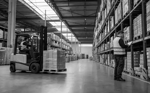 Prologis Inc. Aktie mit ISIN US74340W1036 illustriert durch dokumentarische SchwarzweiĂ-Reportage aus einem Lagerhaus mit Gabelstapler - Foto: THN