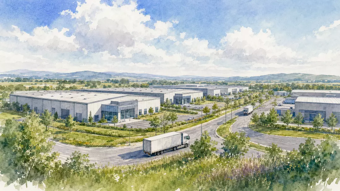 Aquarellmalerei eines Industrieparks mit Lagerhallen und Zufahrtsstraßen