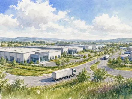 Prologis Inc. mit ISIN US74340W1036 dargestellt als sanftes Aquarell eines weitläufigen Industrieparks mit Lagerhallen - Foto: THN