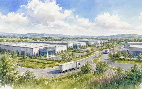 Prologis Inc. mit ISIN US74340W1036 dargestellt als sanftes Aquarell eines weitläufigen Industrieparks mit Lagerhallen - Foto: THN