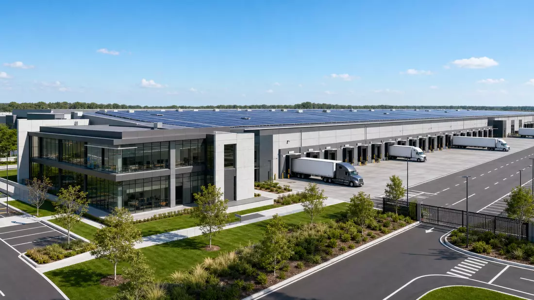 Architektur-Render einer modernen Logistikanlage mit Solarpaneelen auf dem Dach