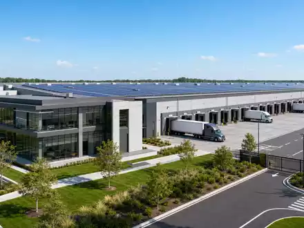Prologis Inc. Anlage mit ISIN US74340W1036 präsentiert als modernes Architektur-Render einer großen Logistikimmobilie mit Solardach - Foto: THN