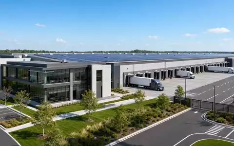 Prologis Inc. Anlage mit ISIN US74340W1036 präsentiert als modernes Architektur-Render einer großen Logistikimmobilie mit Solardach - Foto: THN