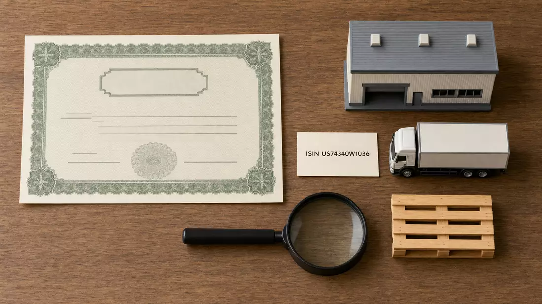 Flatlay mit Aktienzertifikat, ISIN-Karte und Miniatur-Logistikmodellen