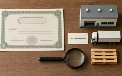 Prologis Inc. Investment mit ISIN US74340W1036 symbolisiert durch Flatlay mit Aktienzertifikat und Miniatur-Lagerhalle - Foto: THN