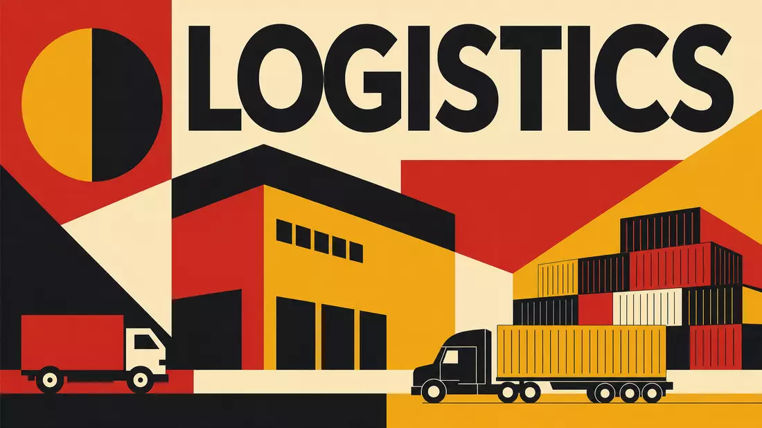Bauhaus-Poster mit geometrischen Formen, Lkw, Containern und Schriftzug LOGISTICS