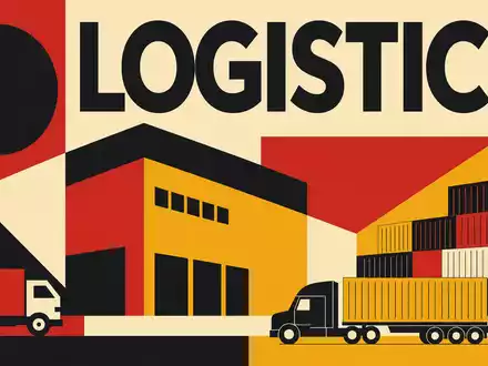 Prologis Inc. Sektor mit ISIN US74340W1036 als geometrisches Bauhaus-Poster mit Schriftzug LOGISTICS und Lagerhalle - Foto: THN