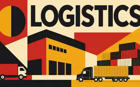 Prologis Inc. Sektor mit ISIN US74340W1036 als geometrisches Bauhaus-Poster mit Schriftzug LOGISTICS und Lagerhalle - Foto: THN