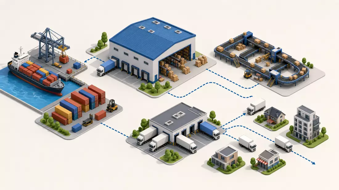Isometrisches 3D-Diagramm einer Logistikkette mit Hafen, Lager und Lkw