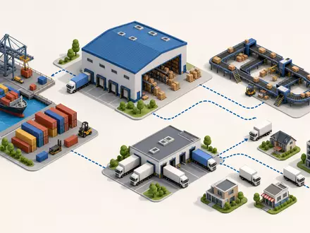 Prologis Inc. Wertschöpfungskette mit ISIN US74340W1036 dargestellt als isometrisches 3D-Diagramm von Hafen bis Verteilzentrum - Foto: THN