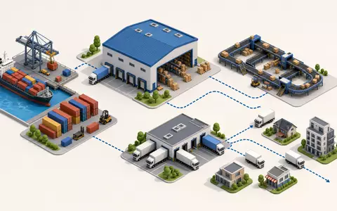 Prologis Inc. Wertschöpfungskette mit ISIN US74340W1036 dargestellt als isometrisches 3D-Diagramm von Hafen bis Verteilzentrum - Foto: THN