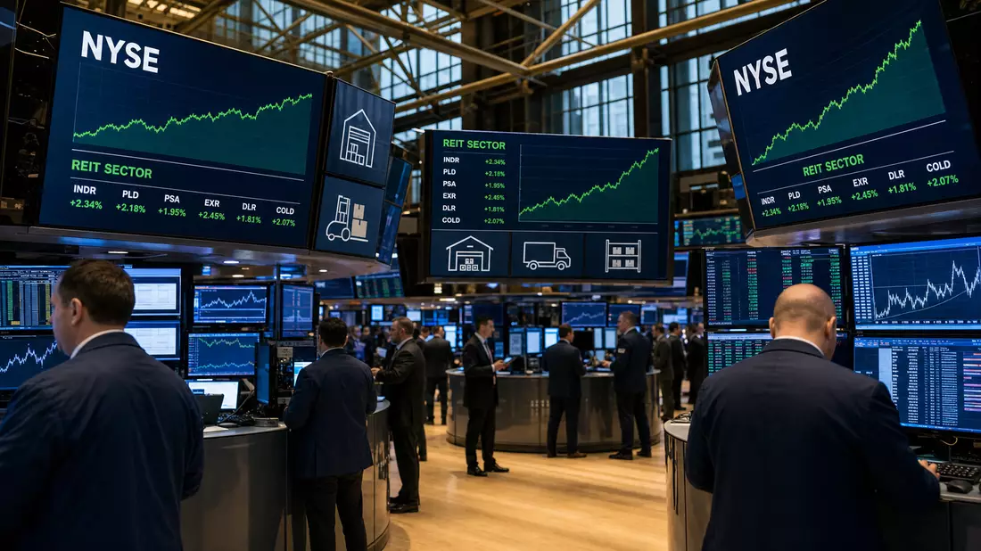 Börsen-Trading-Floor mit Bildschirmen zu NYSE und REIT-Sektor-Charts