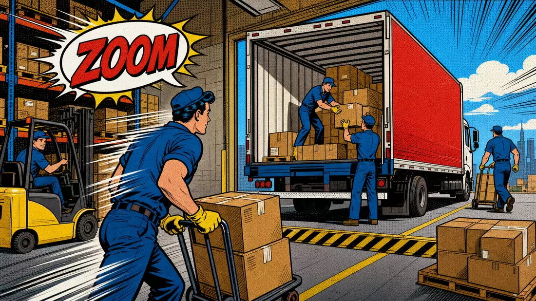 Pop-Art-Comic-Szene mit Arbeitern, Lkw und Kartons an Laderampe