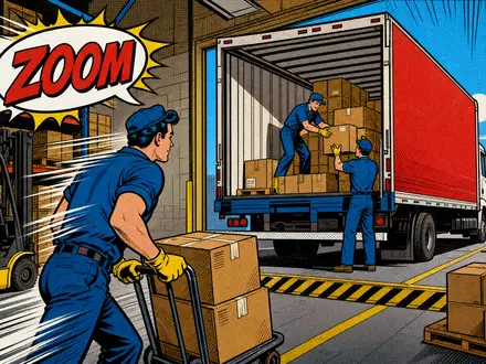 Prologis Inc. Logistikalltag mit ISIN US74340W1036 gezeigt als farbenfrohe Pop-Art-Comic-Szene an einer Laderampe - Foto: THN