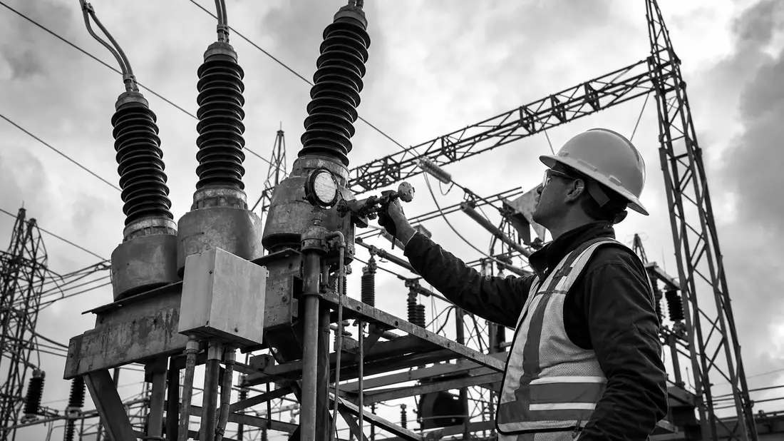 Techniker in Schutzausrüstung wartet Hochspannungsanlage, Schwarzweiß-Aufnahme