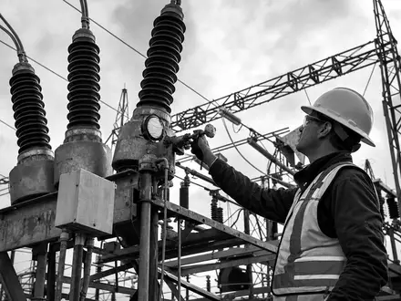 Schwarzweiß-Reportagefoto eines Technikers am Umspannwerk repräsentiert PPL Corporation, Aktie ISIN US69351T1060, dokumentarisch festgehalten - Foto: THN