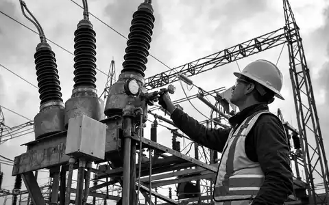 Schwarzweiß-Reportagefoto eines Technikers am Umspannwerk repräsentiert PPL Corporation, Aktie ISIN US69351T1060, dokumentarisch festgehalten - Foto: THN