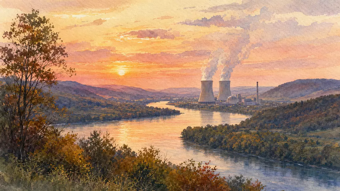Aquarell einer Flusslandschaft mit Kühltürmen bei Abendlicht in Pennsylvania