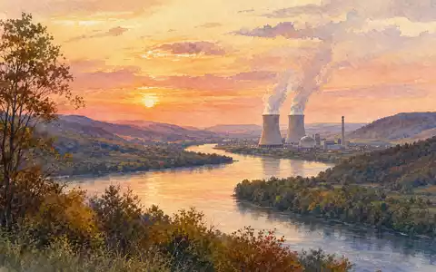 Aquarellmalerei einer Flusslandschaft mit Kraftwerk zeigt GeschĂ€ftsfeld von PPL Corporation, ISIN US69351T1060, kĂŒnstlerisch dargestellt - Foto: THN