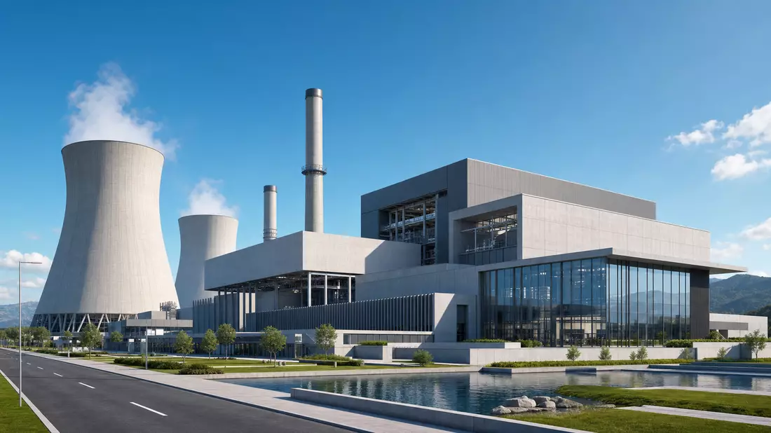 3D-Render eines modernen Kraftwerks mit Kühltürmen und Glasfassade bei Tageslicht