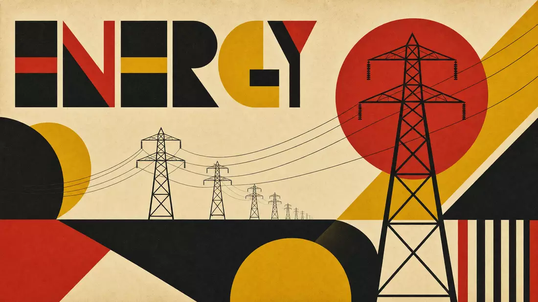 Bauhaus-Poster mit Strommasten, geometrischen Formen und Schriftzug ENERGY