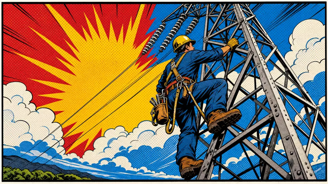 Pop-Art-Comic eines Leitungsmonteurs beim Klettern auf einen Strommast