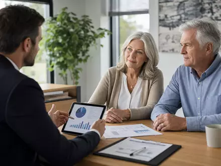 Principal Financial US74251V1026: Beratungsgespräch zur Altersvorsorge zeigt Berater mit älterem Ehepaar und Portfolio-Charts auf Tablet - Foto: THN