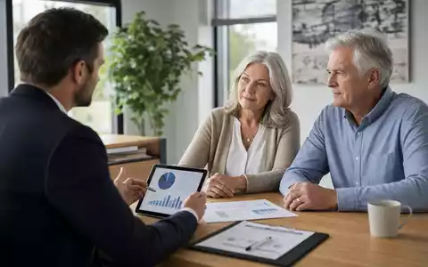 Principal Financial US74251V1026: Beratungsgespräch zur Altersvorsorge zeigt Berater mit älterem Ehepaar und Portfolio-Charts auf Tablet - Foto: THN