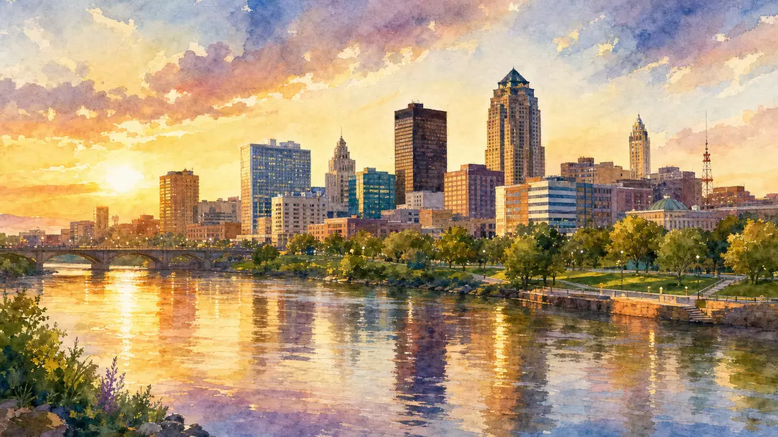 Aquarellbild der Skyline von Des Moines Iowa mit Fluss und Bürotürmen bei Sonnenuntergang