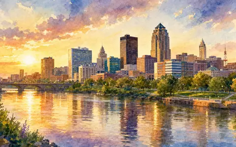 Principal Financial US74251V1026: Aquarellmalerei zeigt Skyline von Des Moines Iowa mit Fluss bei goldenem Abendlicht - Foto: THN