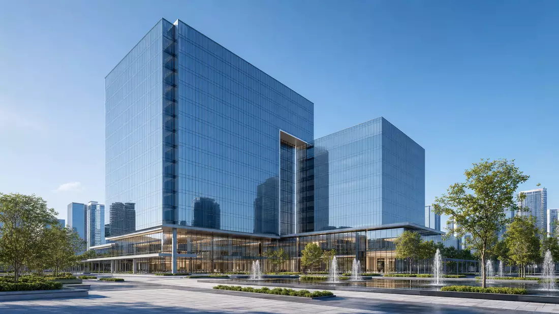3D-Architekturvisualisierung eines modernen Glas-Bürohochhauses mit Brunnenplaza