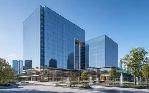 Principal Financial US74251V1026: modernes Architektur-Render zeigt gläsernes Hochhaus-Hauptquartier eines Finanzdienstleisters mit Plaza - Foto: THN