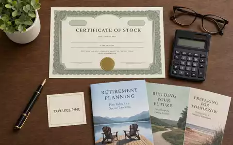 Principal Financial US74251V1026: Flatlay-Arrangement zeigt Aktienzertifikat, ISIN-Karte und Altersvorsorge-Broschüren ordentlich auf Holztisch - Foto: THN