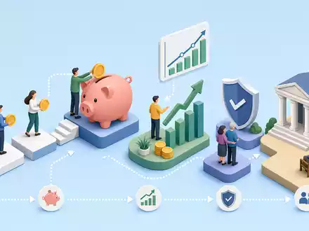 Principal Financial US74251V1026: isometrische 3D-Illustration zeigt Wertschöpfungskette der Altersvorsorge von Einzahlung bis Rente - Foto: THN
