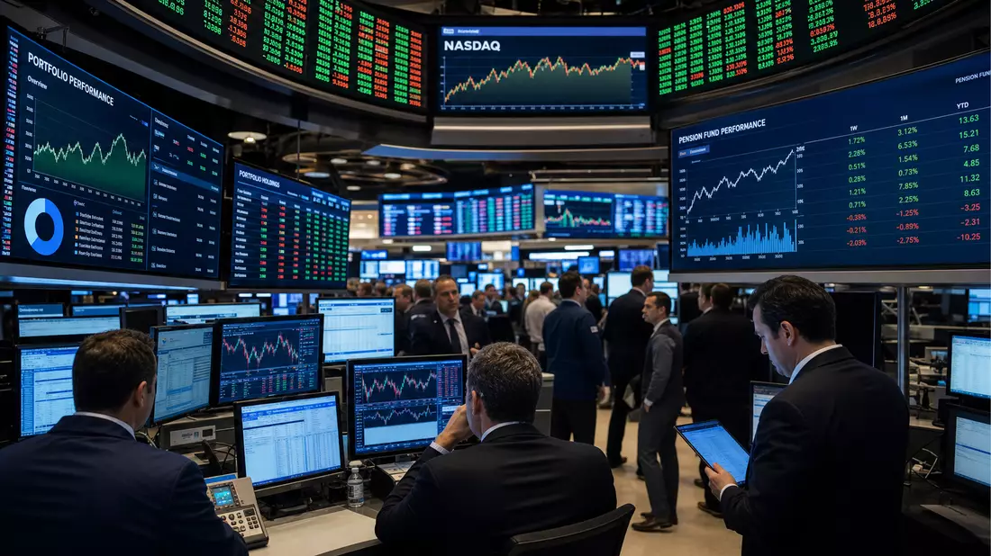 Trading-Floor mit Händlern und Bildschirmen, die Pensionsfonds- und Portfolio-Charts zeigen