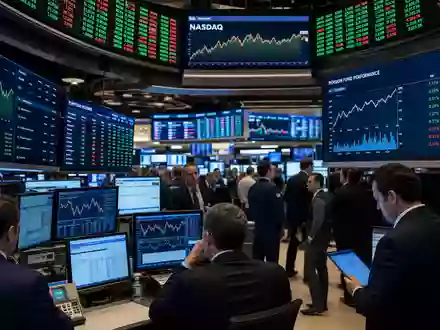 Principal Financial US74251V1026: Börsen-Editorial zeigt lebhaften NASDAQ-Trading-Floor mit Pensionsfonds-Charts auf großen digitalen Bildschirmen - Foto: THN