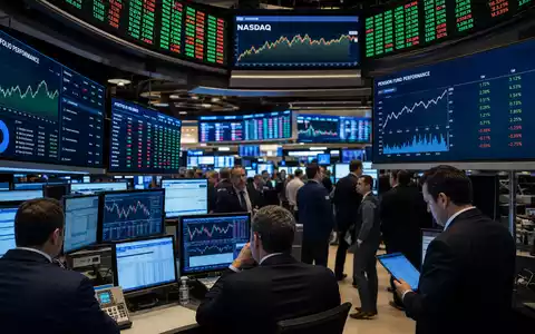 Principal Financial US74251V1026: Börsen-Editorial zeigt lebhaften NASDAQ-Trading-Floor mit Pensionsfonds-Charts auf großen digitalen Bildschirmen - Foto: THN