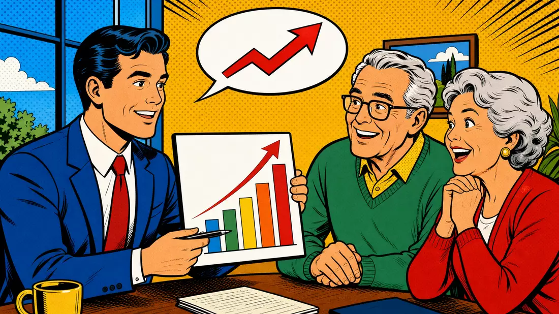 Pop-Art-Comic mit Finanzberater, Balkendiagramm und lächelndem Rentnerpaar