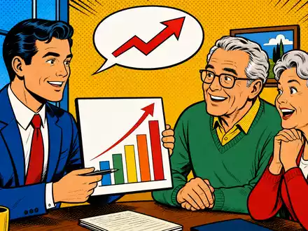 Principal Financial US74251V1026: farbenfrohe Pop-Art-Comic-Szene zeigt Berater mit steigendem Balkendiagramm und glücklichem Rentnerpaar - Foto: THN