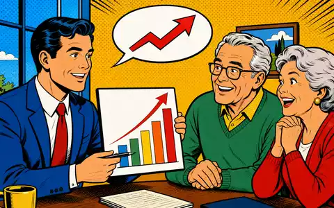 Principal Financial US74251V1026: farbenfrohe Pop-Art-Comic-Szene zeigt Berater mit steigendem Balkendiagramm und glücklichem Rentnerpaar - Foto: THN
