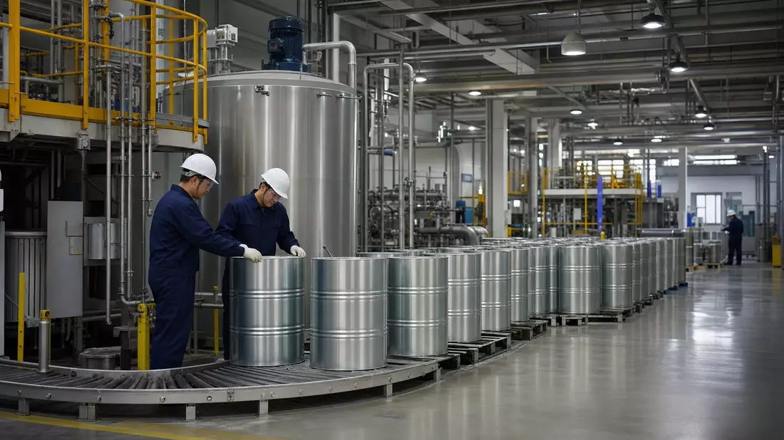 Fotorealistische Aufnahme einer industriellen Lackier-Produktionslinie mit Metallfässern
